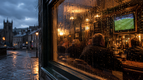Rainy pub window with football inside